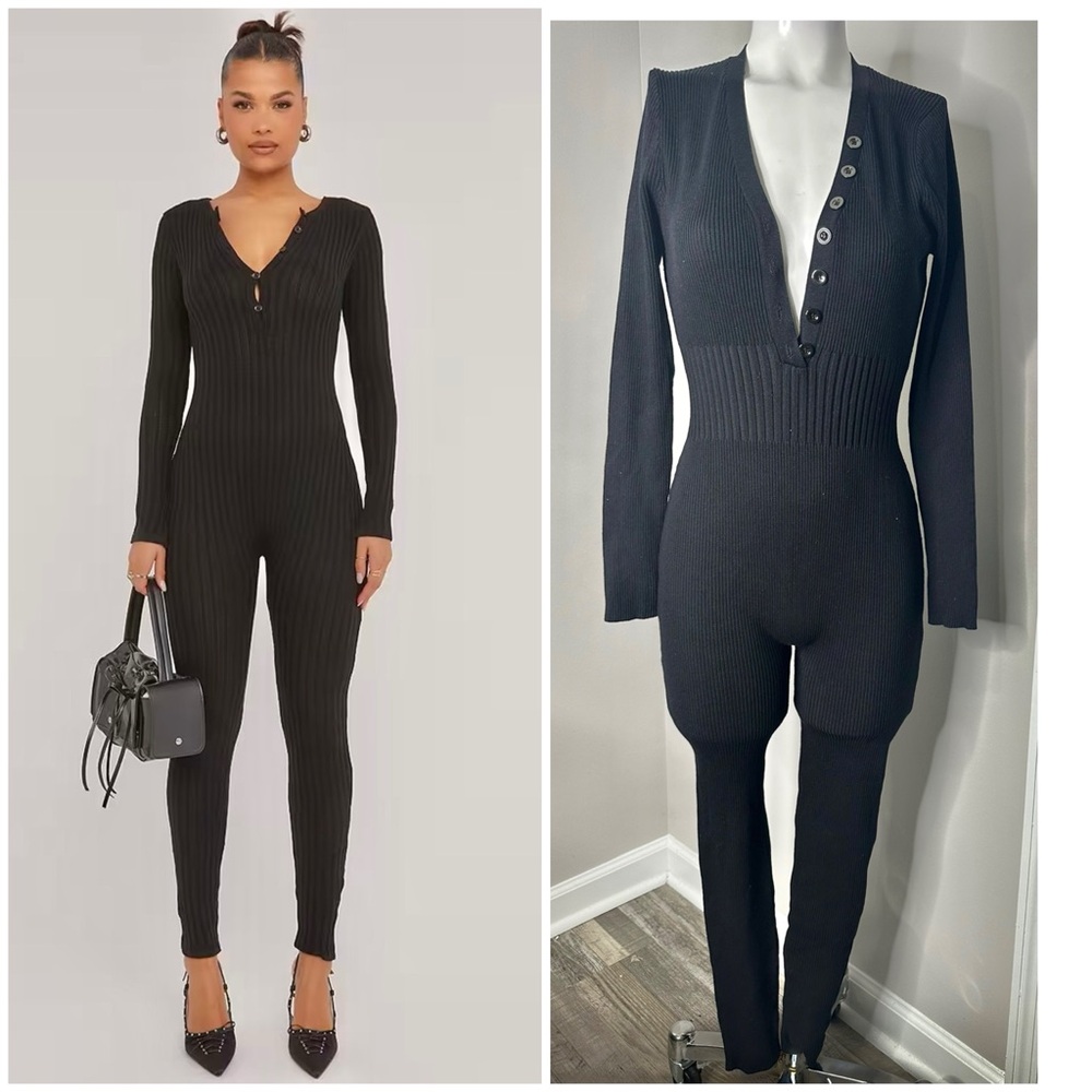 IMMODEL BLACK KNIT CATSUIT W/ BUTTON- PRELOVED- MEDIUM